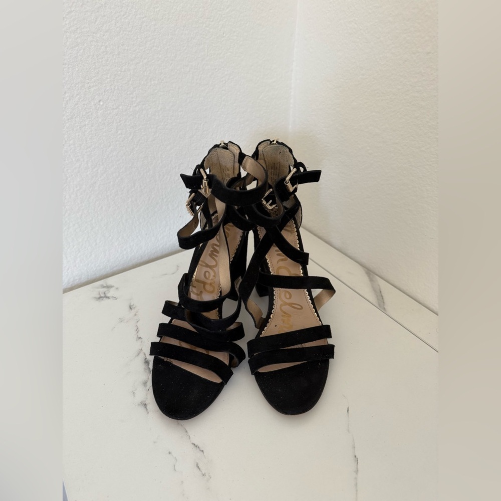 Sam Edelman 100% Leather Black Suede Lace-Up Block Heels with Back Zip - Picture 3 of 6